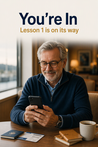 Older traveler smiling while checking his phone after signing up for the free mini-course, with his passport and boarding pass on the table
