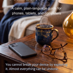 Smartphone, glasses, and a mug of coffee on a wooden side table, cover image for the Device Setup Confidence Guide