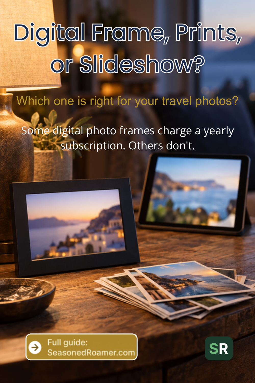 Digital photo frame, tablet slideshow, and printed travel photos on a wooden table.